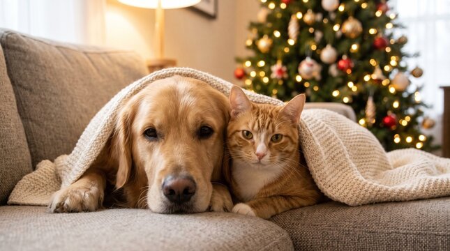 Golden Retriever dog and ginger cat resting together under a blanket on a sofa at Christmas