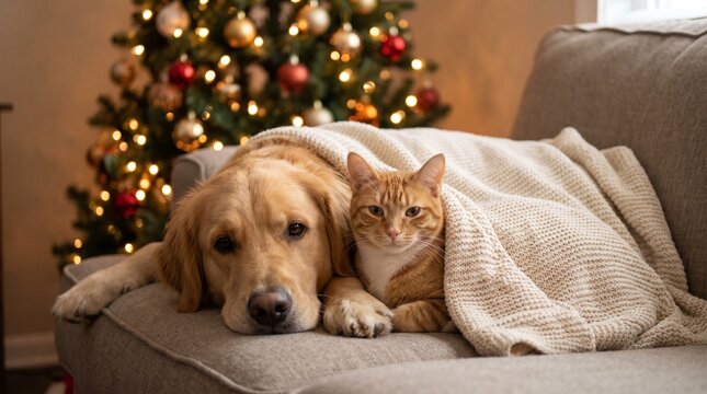 Golden Retriever dog and orange tabby cat resting together under a blanket at Christmas