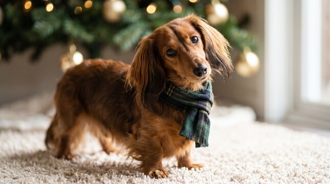 Cute long-haired dachshund dog wearing a scarf in front of a Christmas tree