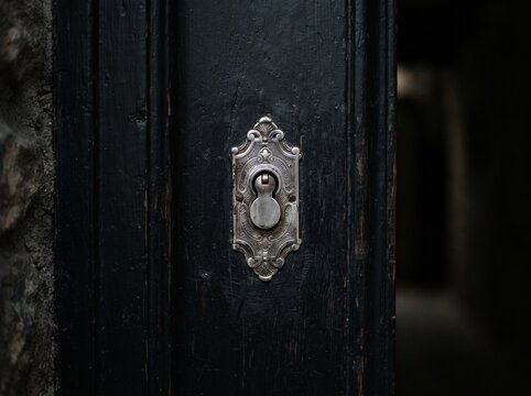 Antique ornate keyhole on a weathered black wooden door