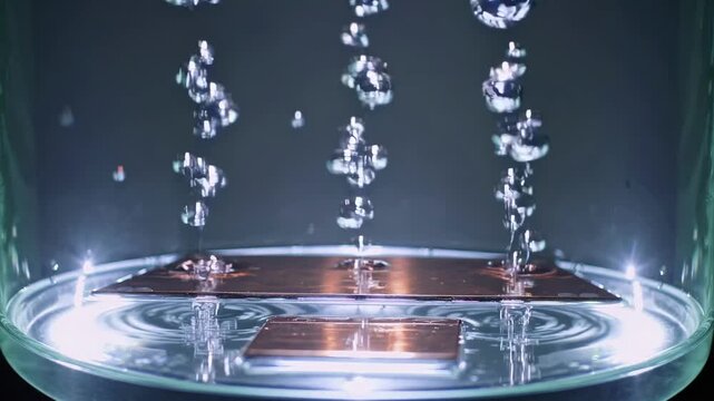 Gas bubbles rise steadily from submerged metal surface during chemical experiment in glass beaker. Continuous bubbling activity highlights technical fluid mechanics within clean environment.
