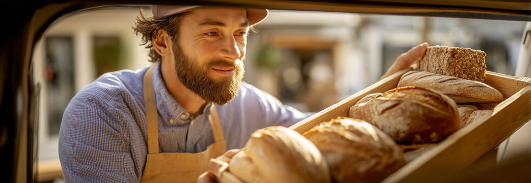Smiling baker arranging rustic bread loaves in shop window