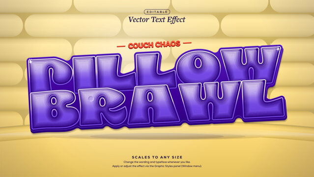 Pillow Brawl Purple Inflated Vinyl Text Effect on Yellow Cushion Wall