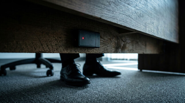 Hidden listening bug device with red led indicator attached under wooden desk with businessman legs visible in background