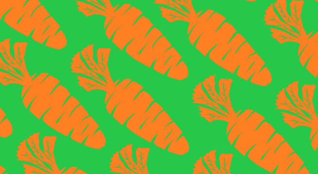 Hand-drawn orange carrot seamless pattern on bright green background