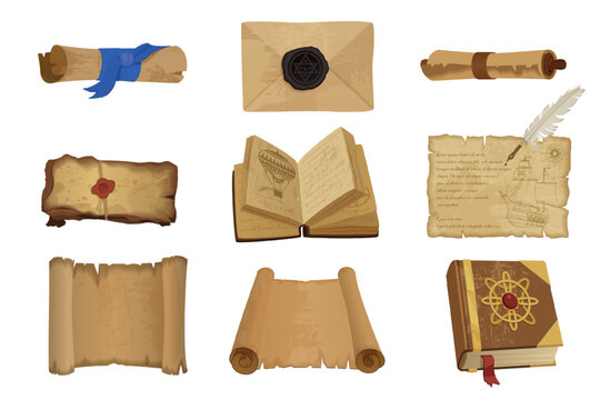 Collection of realistic old scrolls, sealed letters, antique books, parchment pages, vintage manuscript elements for history, fantasy, archive, literature themes on white vector illustration