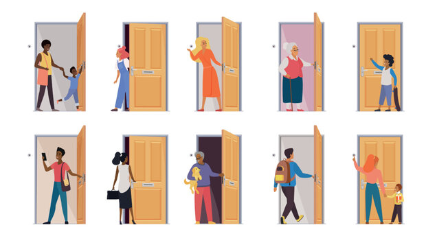 Set of diverse people opening home doors, including adults, children and seniors entering or leaving apartments, daily residential access scenes isolated on white background vector illustration