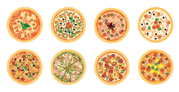 Collection of eight assorted pizzas with cheese, pepperoni, olives, vegetables, seafood, and herbs in top view, isolated on white background vector illustration