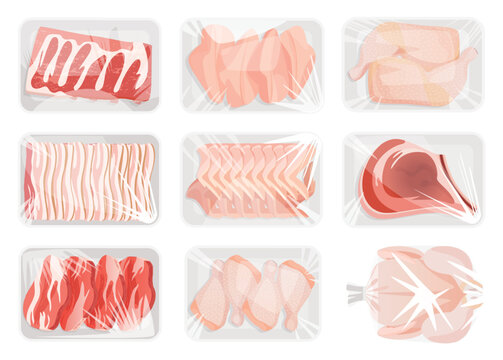Packaged realistic raw meat collection with beef steak, bacon strips, pork slices, chicken breasts, drumsticks and whole poultry isolated on white background vector illustration