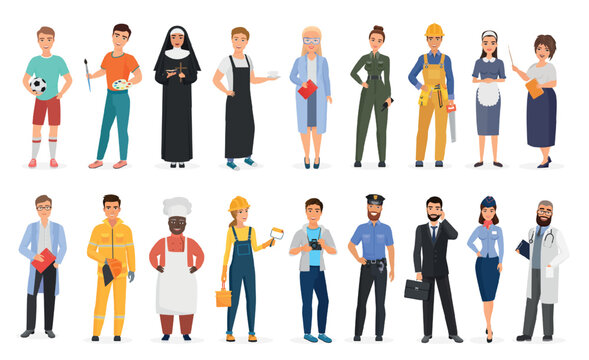 Collection of men and women in various jobs including doctor, teacher, builder, chef, police officer, pilot, artist and athlete isolated on white background vector illustration
