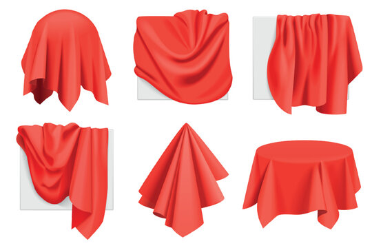 Set of realistic red draped fabric covers hanging over stands, frames, and round table surfaces with realistic folds and soft shadows isolated on white background vector illustration