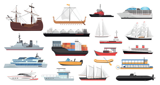 Collection of ships set featuring cruise liner, cargo vessel, sailboat, submarine, ferry, yacht, tanker and warship icons isolated on white background vector illustration