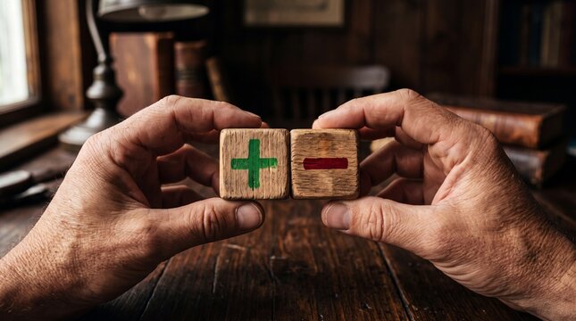 Hands holding wooden blocks with plus and minus symbols