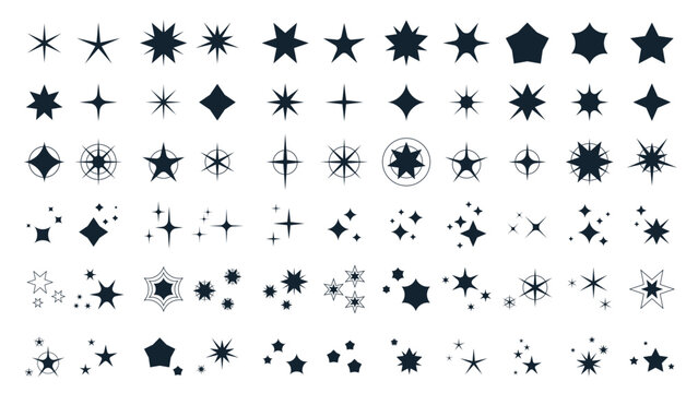 Collection of decorative star shapes, sparkle symbols, celestial icons, and geometric bursts for design, branding, holiday graphics, and logo elements isolated on white background vector illustration
