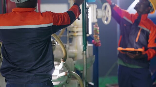 African engineer in orange workwear turns a valve on the refrigeration compressor as a colleague in a hard hat checks an orange tablet, seen past a shoulder at work