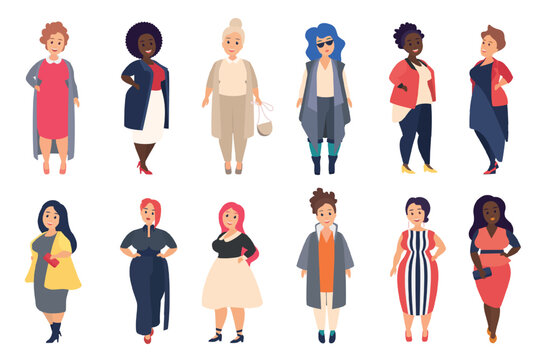 Collection of stylish plus size women in modern outfits, featuring diverse body shapes, casual and elegant fashion poses, isolated on white background vector illustration