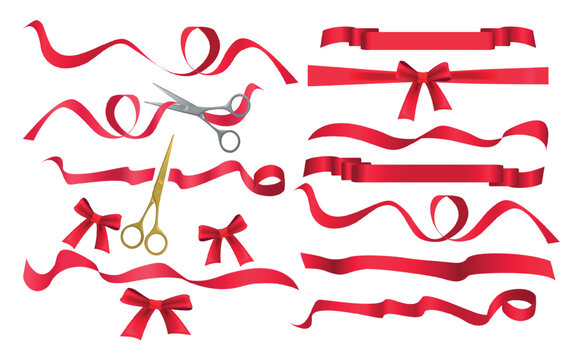 Collection of red realistic decorative gift ribbons, bows, curled strips and scissors for wrapping, celebration, packaging and festive design isolated on white background vector illustration