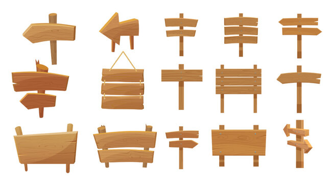 Collection of rustic wooden signboards, arrows, hanging plaques and blank pointer boards for navigation, notice or decoration, isolated on white background vector illustration