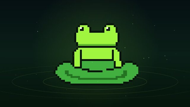 Bright Green Pixelated Frog on Lily Pad 8-Bit Animation