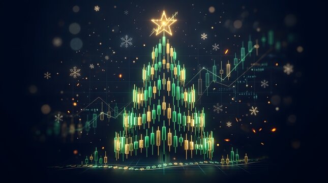 3D render of a Christmas tree made of financial candlestick chart graphs with upward green and gold trends, dark navy background with glowing bokeh and snowflakes. Concept of holiday stock market