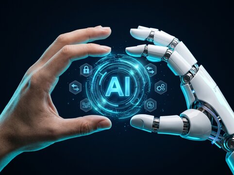 Futuristic mechanical robot hands surrounding glowing AI text circle in dark environment