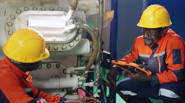 Two African engineers crouch beside a large refrigeration compressor, one touching the pipework and one reading data on a rugged orange tablet during a maintenance check