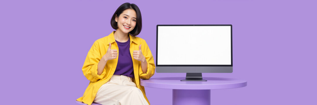 Happy Asian woman showing double thumbs up next to blank computer monitor. Positive recommendation and mockup presentation on purple background. Copy space for text