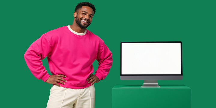 Confident Black man standing by blank computer monitor. Modern technology mockup presentation on green background. Copy space for text