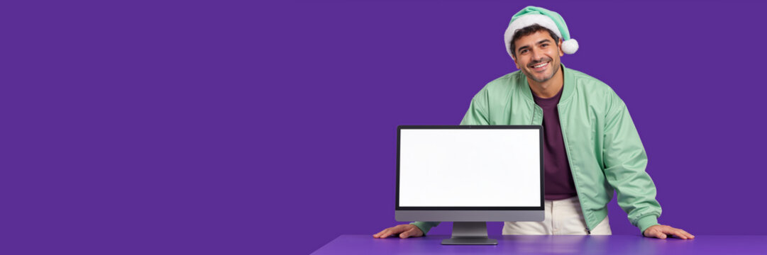 Smiling man in green Santa hat leaning on desk by blank computer monitor. Christmas holiday mockup presentation on purple background. Copy space for text