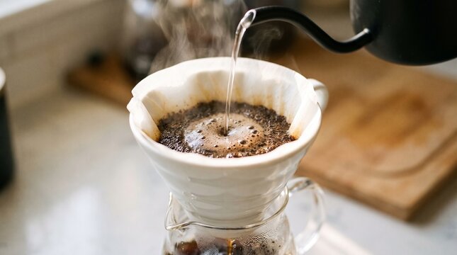 Pouring hot water over ground coffee beans in a ceramic dripper for pour over brewing