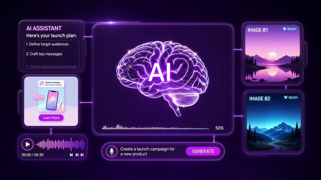 Artificial Intelligence creative assistant dashboard with wireframe brain icon generating marketing launch campaign and high-quality landscape imagery through digital interface technology