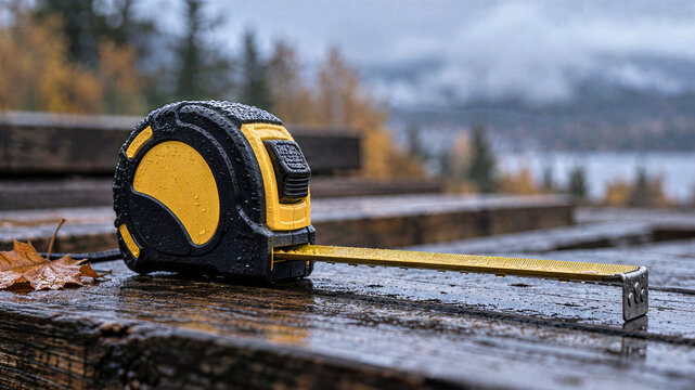 Yellow tape measure extended across wet dark wooden planks with a fallen autumn leaf. Professional measuring tool on damp timber at a construction site with misty forest and lake background