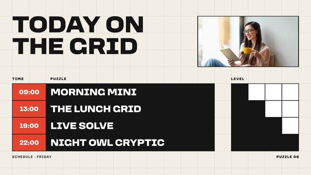 Crossword Slides / Bold Schedule Table With Red Time Blocks and a Puzzle Level Panel for Event Programs, Show Lineups and Broadcast Promos / Horizontal / Part 06