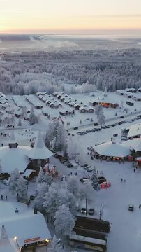 Rovaniemi, Finland - 8th january, 2026: Aerial view Santa Claus Village Rovaniemi Lapland Finland during winter sunset snowy landscape Christmas destination tourism. Winter popular destination
