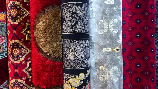 Kabul, Afghanistan - 11th november, 2024: AFGHAN CARPETS Kabul Market display. Handmade wool & silk rugs with traditional patterns. Authentic textile industry, exotic decor, heritage craftsmanship