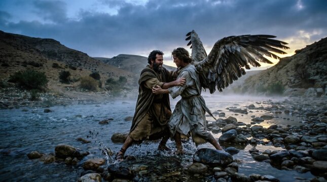 Biblical scene of Genesis 32, Jacob wrestling with an angel by the Jabbok river at dawn, intense physical struggle on wet river stones, cinematic historical film still, dramatic morning twilight light