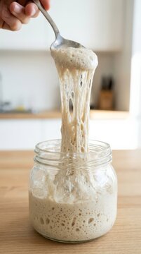 Spoon lifts sourdough starter from a glass jar