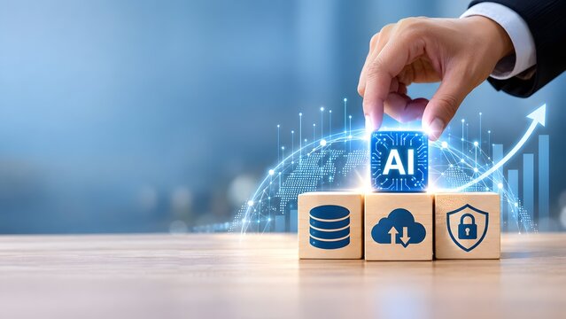 Hand building with AI and cloud security wooden blocks showing digital global network connection and business growth chart