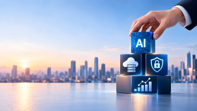 Hand arranging glowing artificial intelligence and secure cloud computing blocks representing business data strategy and digital growth