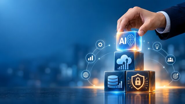 Hand placing AI brain block on a stack of technology icons with global network connections on dark blue background