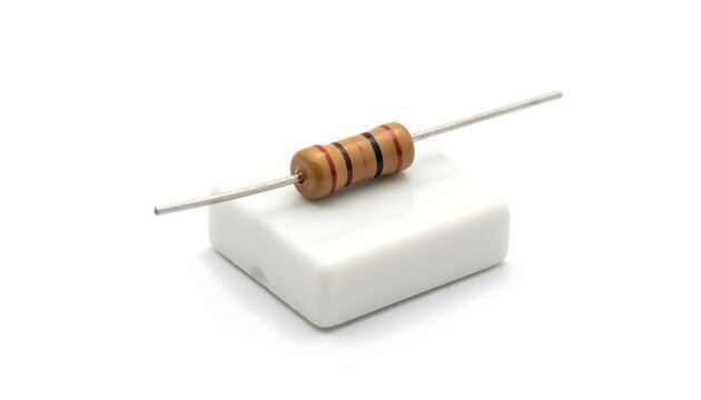 Close up view of carbon film resistor component resting on white pedestal