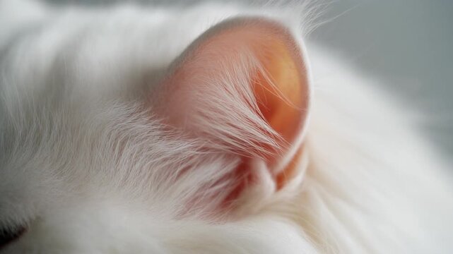 Cinematic macro footage of a single white Persian cat ear with soft fluffy fur for international cat day
