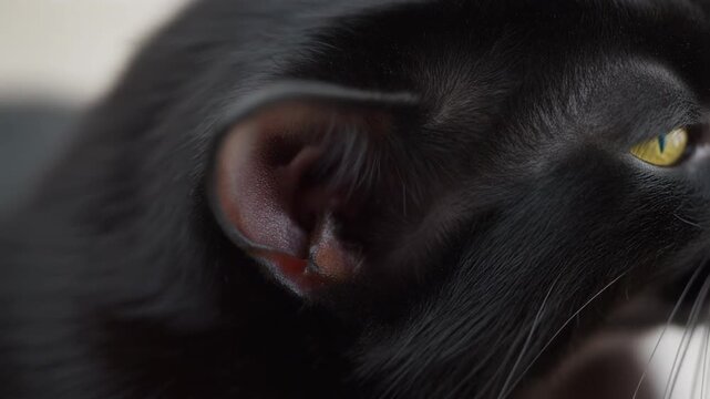 Cinematic macro footage of a single black domestic cat ear with subtle skin texture for international cat day
