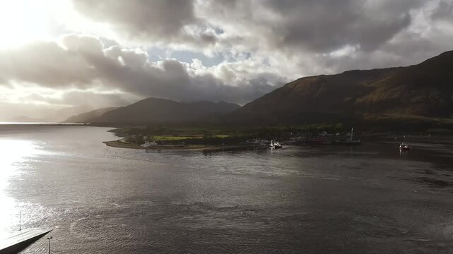 Corran Point Lighthouse from a drone, Ardgour Ferry Terminal, Fort William, Scotland, UK