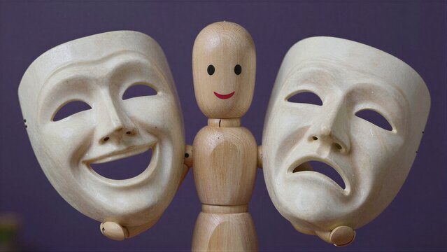 Wooden figure smiles between comedy and tragedy masks, symbolizing emotional balance.