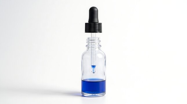 Minimalist clear glass dropper bottle containing vibrant blue cosmetic serum against a clean white background
