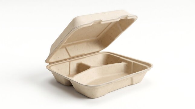 Open eco friendly biodegradable food container on clean white background for sustainable takeaway packaging