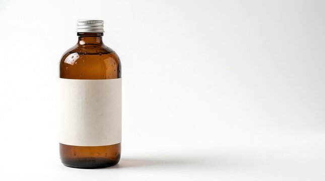 Minimalist amber glass bottle mockup with blank label and water droplet on clean white background
