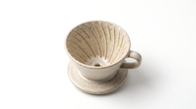 Artisanal speckled ceramic coffee dripper on white background conveying a warm minimalist aesthetic for pour over coffee