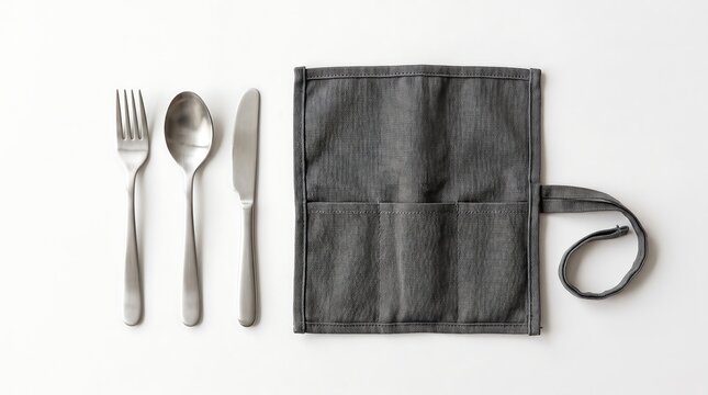 Minimalist reusable stainless steel cutlery set with fork spoon knife and grey canvas pouch on clean white background